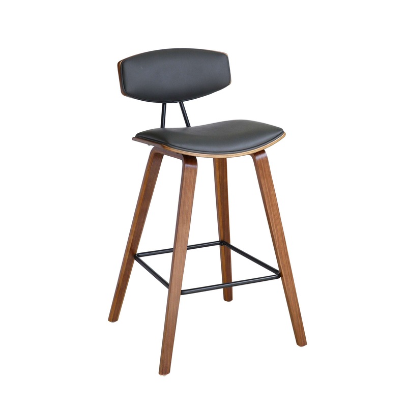 Fox 28.5" Bar Height Grey Faux Leather and Walnut Wood Mid-Century Modern Bar Stool By Armen Living