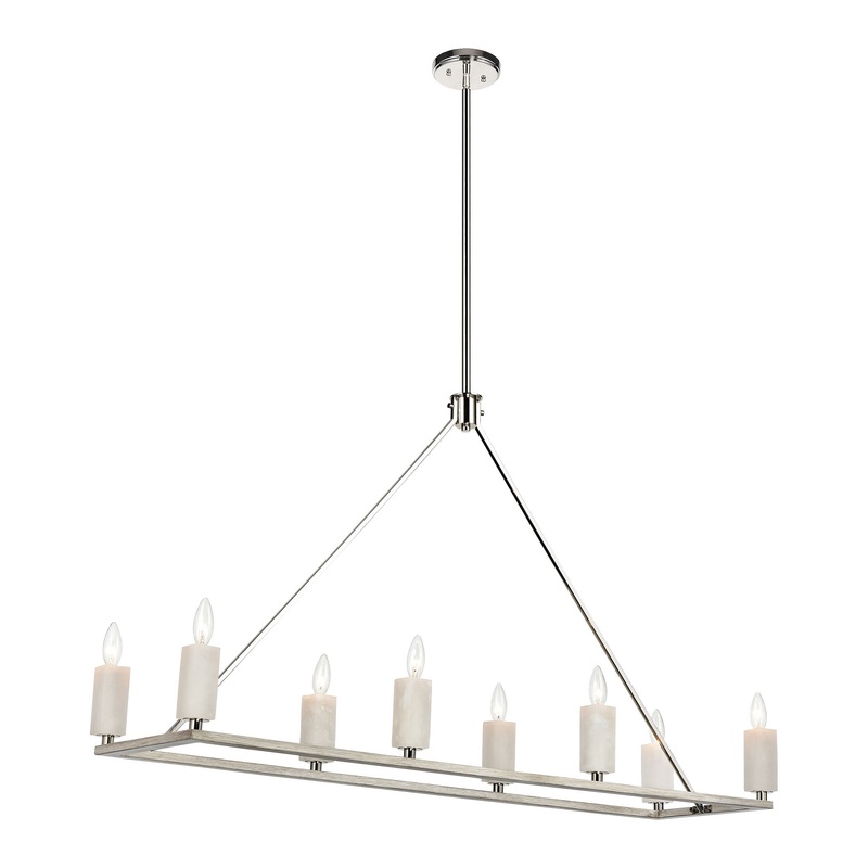 White Stone 8-Light island light in Polished Nickel / Sunbleached Oak ELK Lighting
