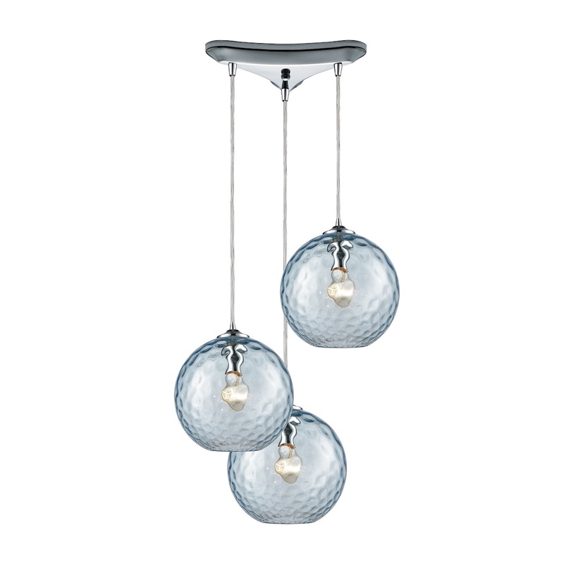 Watersphere 3-Light Triangular Pendant Fixture in Chrome with Hammered Aqua Glass ELK Lighting