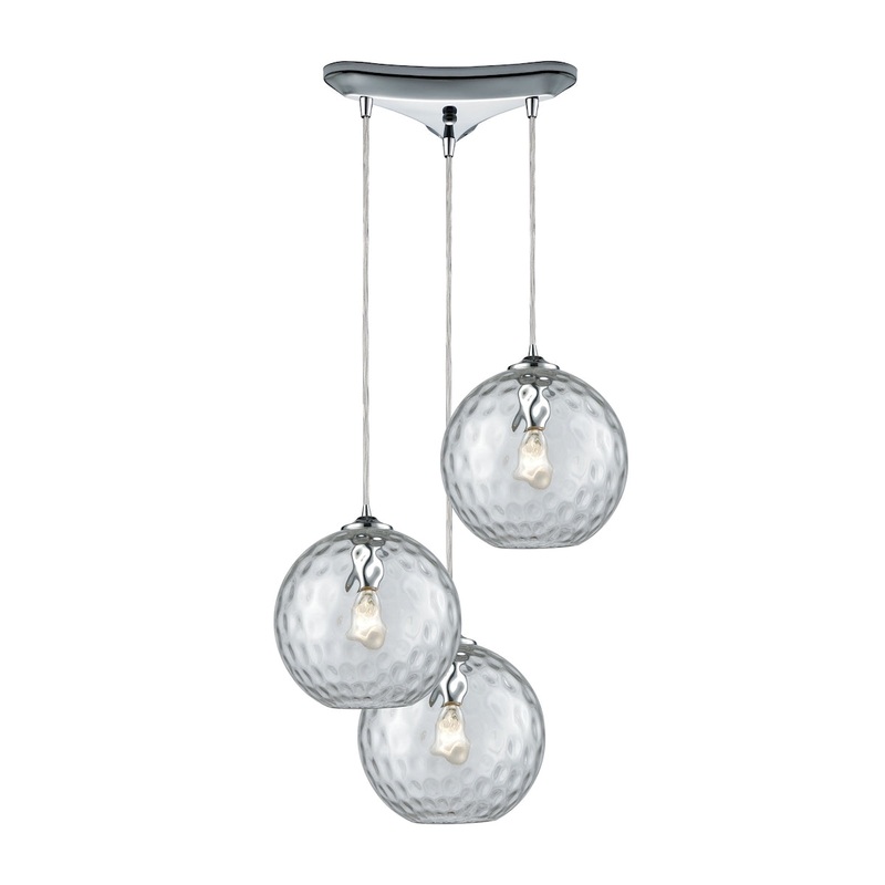 Watersphere 3-Light Triangular Pendant Fixture in Chrome with Hammered Clear Glass ELK Lighting