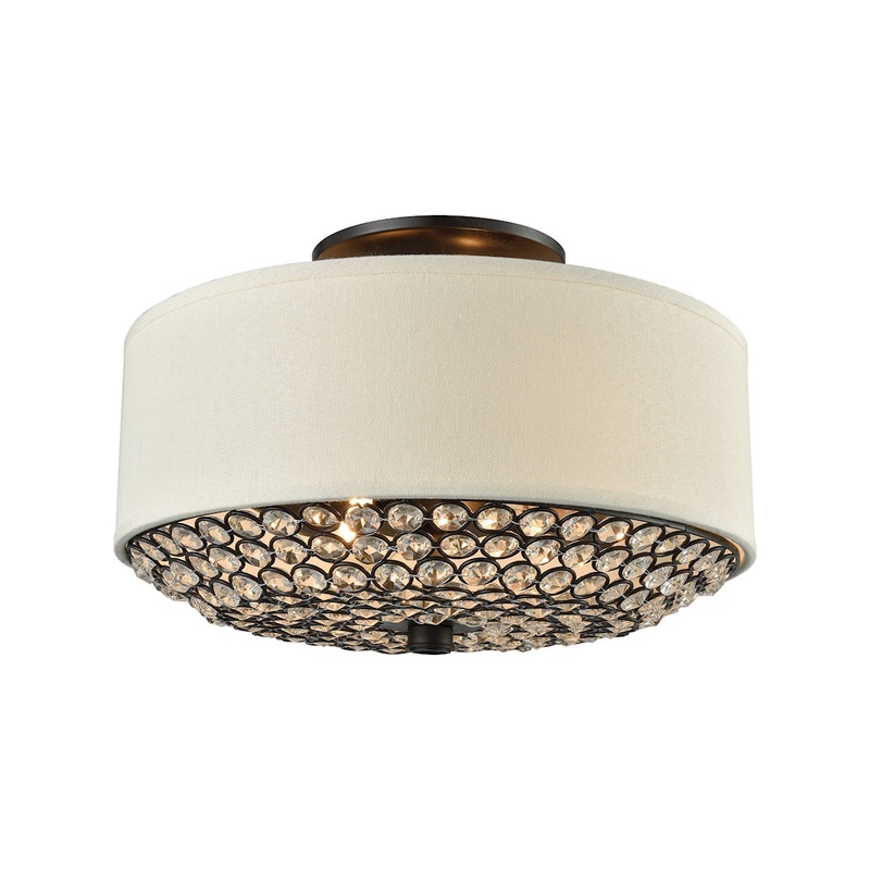 Webberville 2-Light Semi Flush in Oil Rubbed Bronze with Beige Fabric Drum Shade with Crystals ELK Lighting