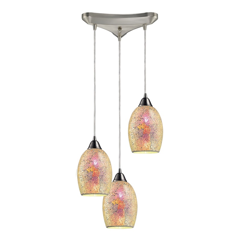 Avalon 3-Light Triangular Pendant Fixture in Satin Nickel with Multi-colored Crackle Glass ELK Lighting