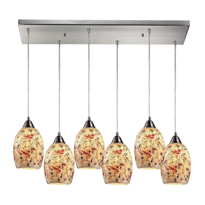 Avalon 6-Light Rectangular Pendant Fixture in Satin Nickel with Multi-colored Crackle Glass ELK Lighting