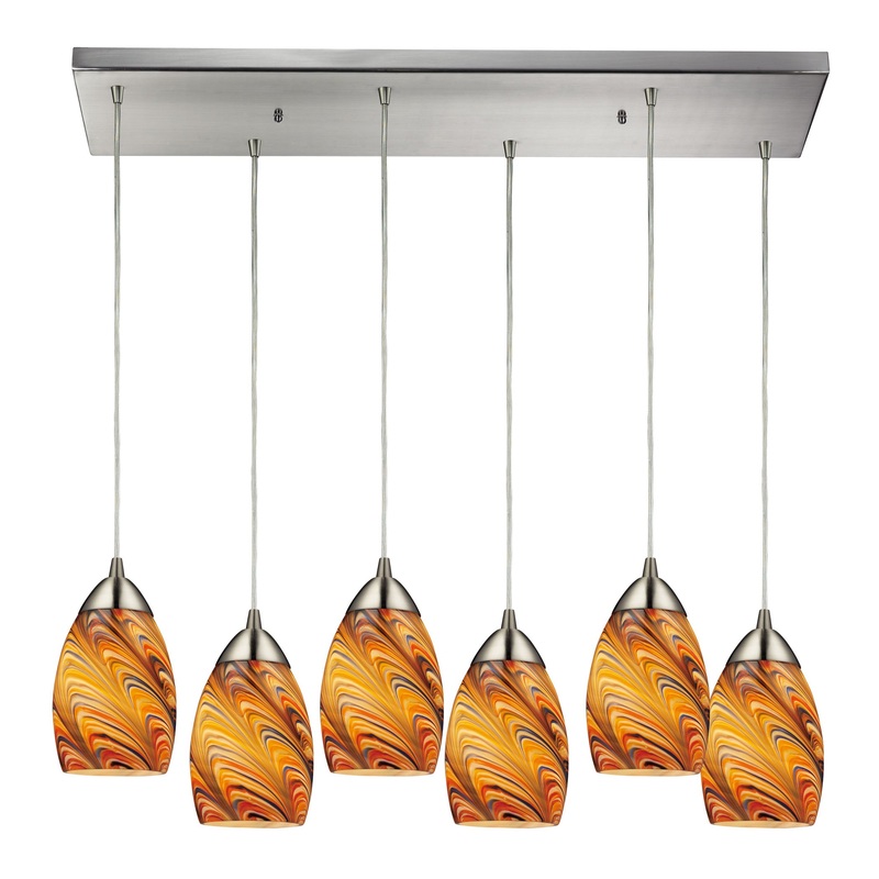 Vortex 6-Light Rectangular Pendant Fixture in Satin Nickel with Multi-colored Glass ELK Lighting 10089/6RC-RV