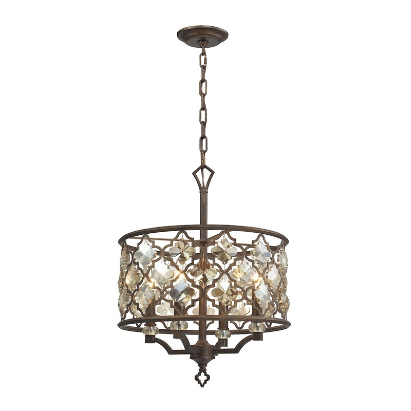Armand 4-Light Chandelier in Weathered Bronze with Amber Teak Crystals and Metal Shade ELK Lighting