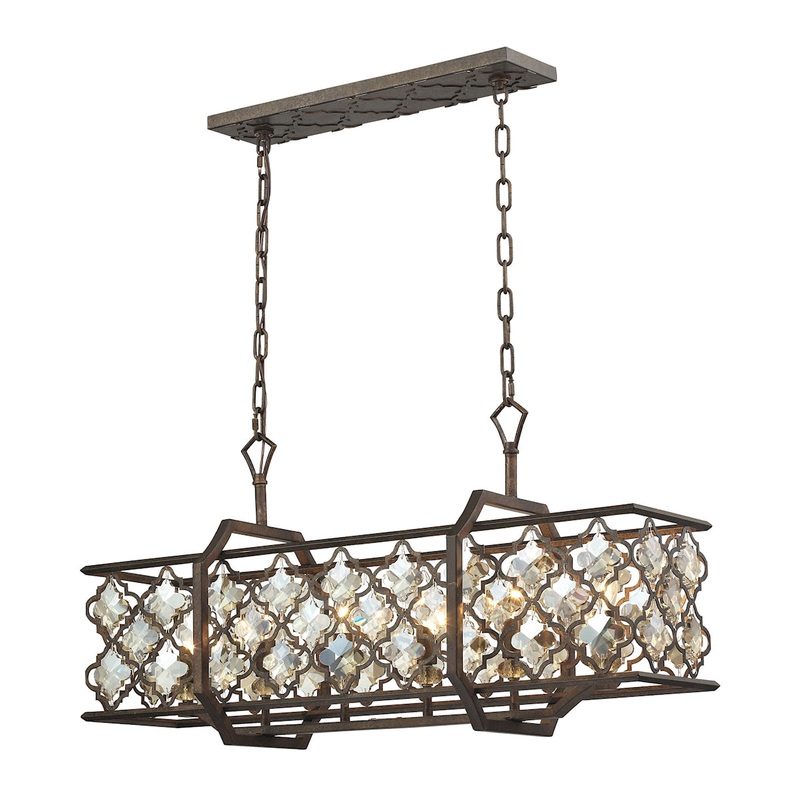 Armand 6-Light Linear Chandelier in Weathered Bronze with Amber Teak Crystals and Metal Shade ELK Lighting