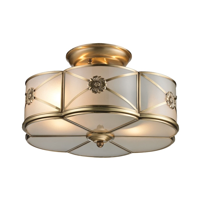 Preston 2-Light Semi Flush in Brushed Brass with White Glass Panels ELK Lighting