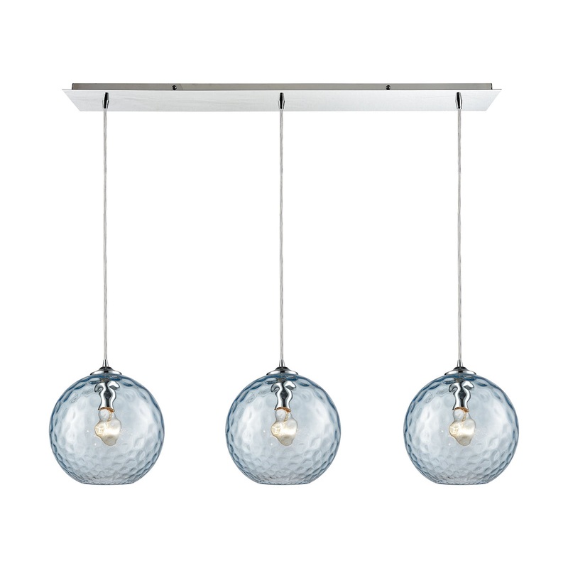 Watersphere 3-Light Linear Mini Pendant Fixture in Chrome with Hammered Aqua Glass ELK Lighting 31380/3LP-AQ