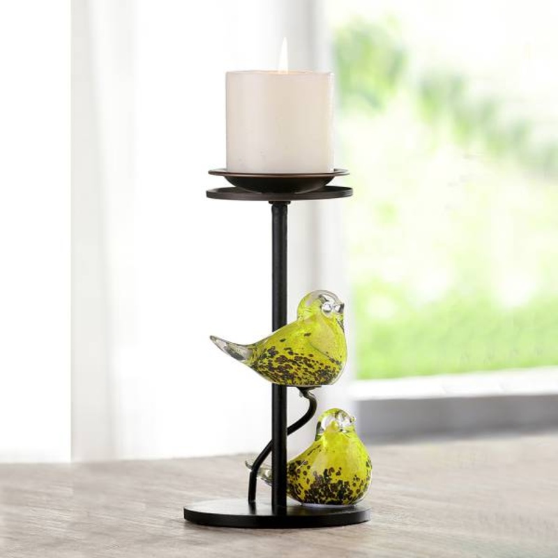 Yellow Glass Bird Pair Pillar Candle Holders By SPI Home