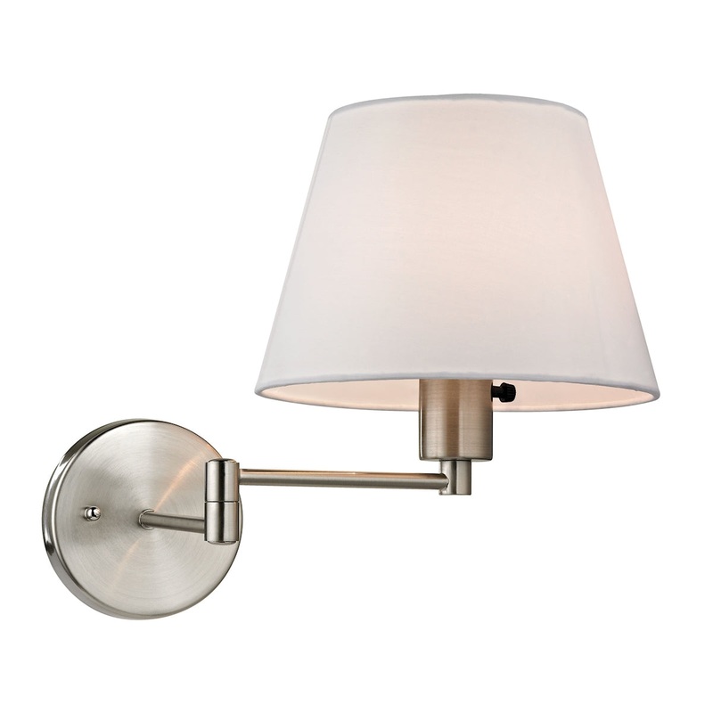 Avenal 1-Light Swingarm Wall Lamp in Brushed Nickel with White Fabric Shade ELK Lighting