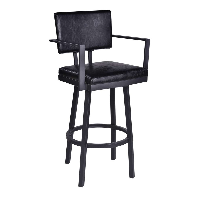 Balboa 30" Bar Height Swivel Vintage Black Faux Leather and Metal Bar Stool with Arms By Armen Living