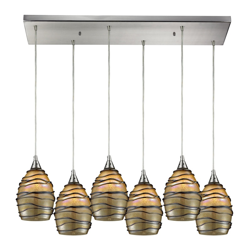 Vines 6-Light Rectangular Pendant Fixture in Satin Nickel with Tan Glass ELK Lighting