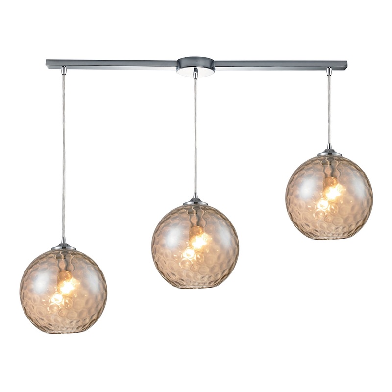 Watersphere 3-Light Linear Pendant Fixture in Chrome with Hammered Amber Glass ELK Lighting