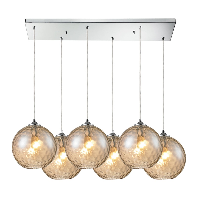 Watersphere 6-Light Rectangular Pendant Fixture in Chrome with Hammered Amber Glass ELK Lighting