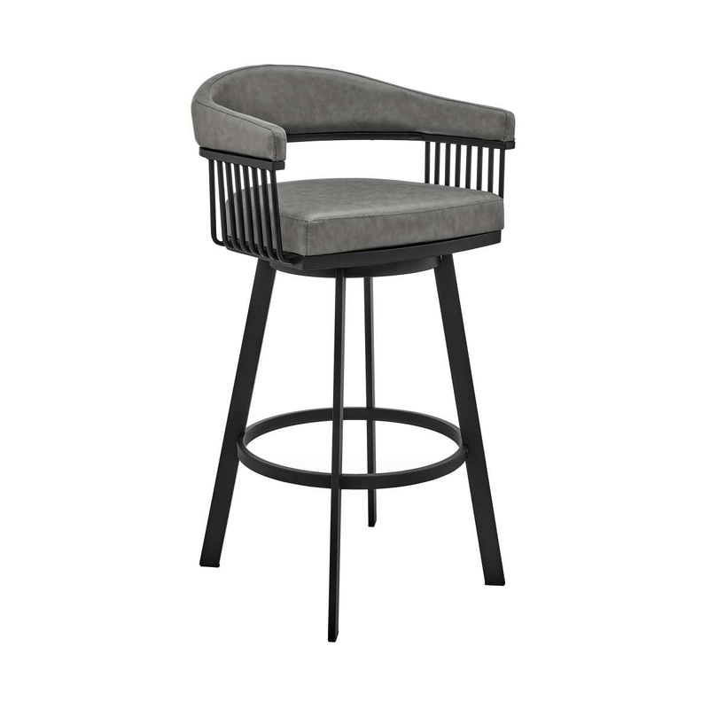 Bronson 30" Bar Height Swivel Bar Stool in Black Finish and Gray Faux Leather By Armen Living