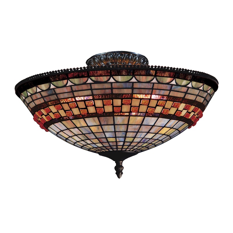 Jewelstone 3-Light Semi Flush in Classic Bronze with Tiffany Style Glass ELK Lighting