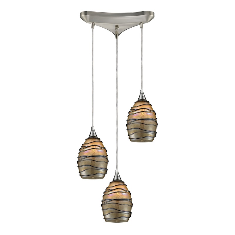 Vines 3-Light Triangular Pendant Fixture in Satin Nickel with Tan Glass ELK Lighting