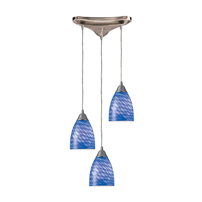 Arco Baleno 3-Light Triangular Pendant Fixture in Satin Nickel with Sapphire Glass ELK Lighting