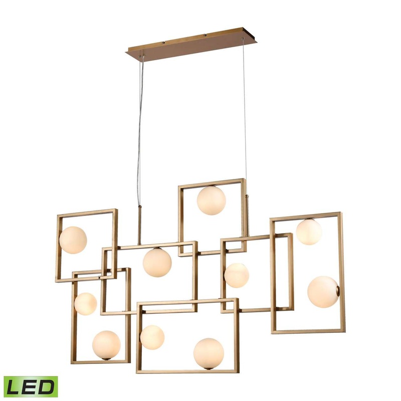 Amazed 7-Light Island Light in Aged Brass with Mouth-blown White Glass Orbs ELK Home