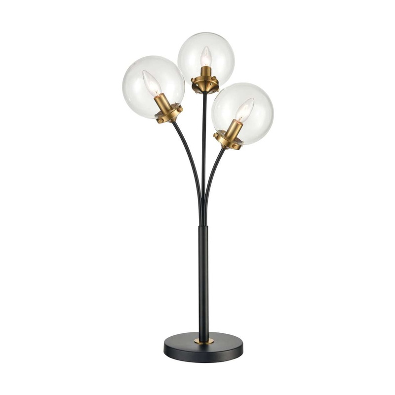 Boudreaux 3-Light Table Lamp in Burnished Brass and Matte Black with Mouth-blown Clear Glass Orbs ELK Home