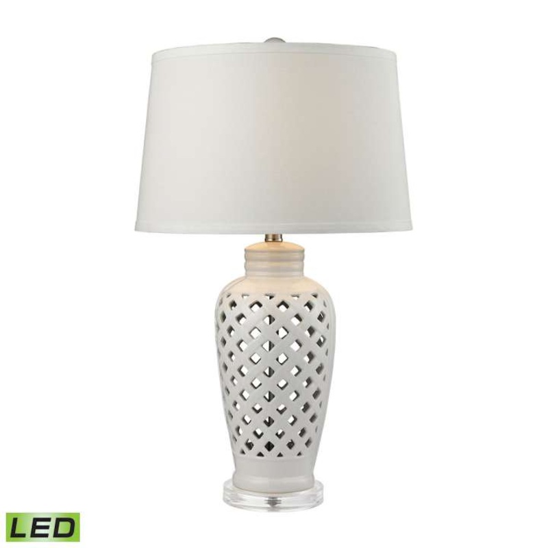 Openwork Ceramic Table Lamp in White with White Shade - LED ELK Home