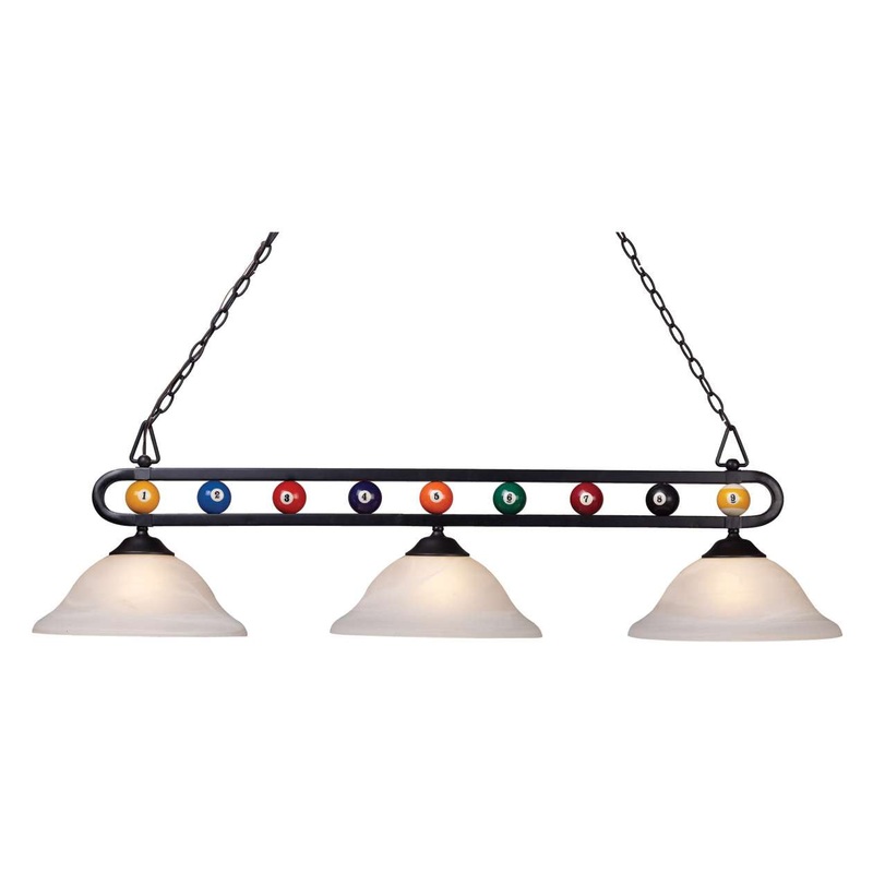 Billiard Motif 3-Light Island Light in Matte Black and Alabaster Swirl Glass with Swirl Glass ELK Lighting