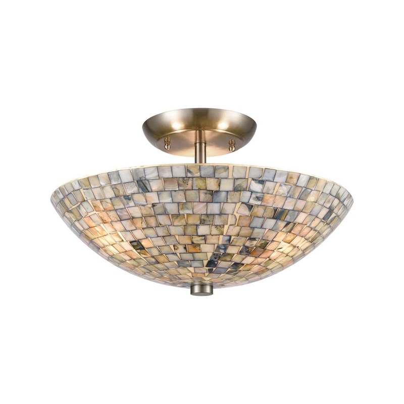 Capri 3-Light Semi Flush Mount in Satin Nickel with Glass/Gray Capiz Shells ELK Lighting