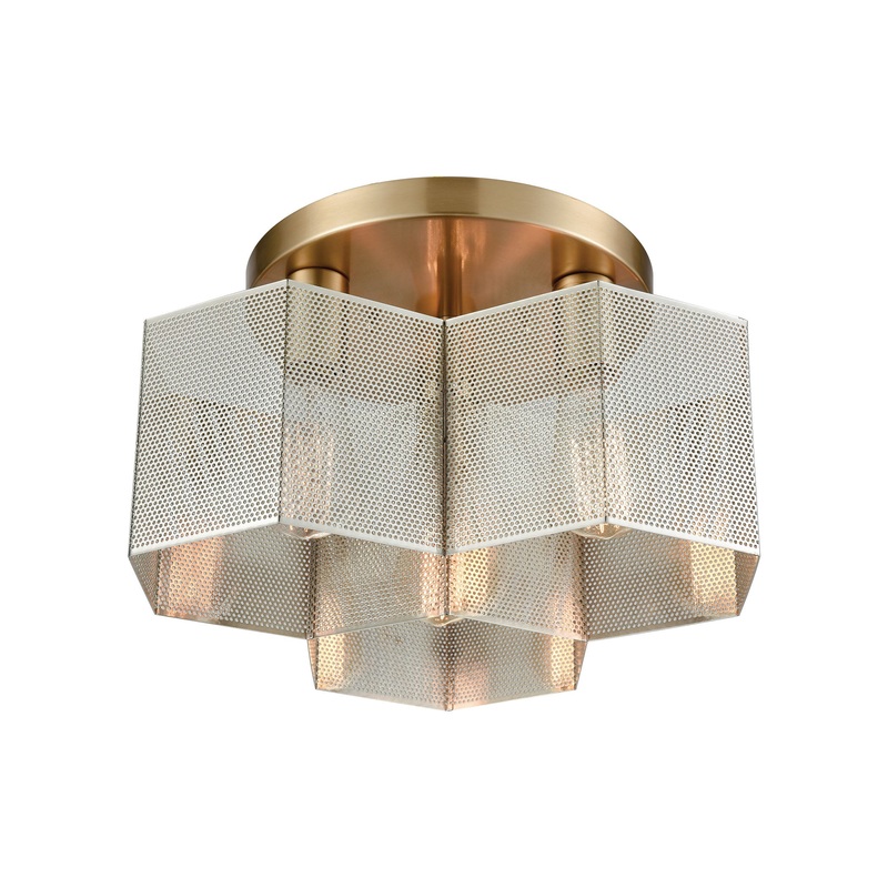 Compartir 3-Light Semi Flush in Satin Brass with Perforated Metal Shade ELK Lighting