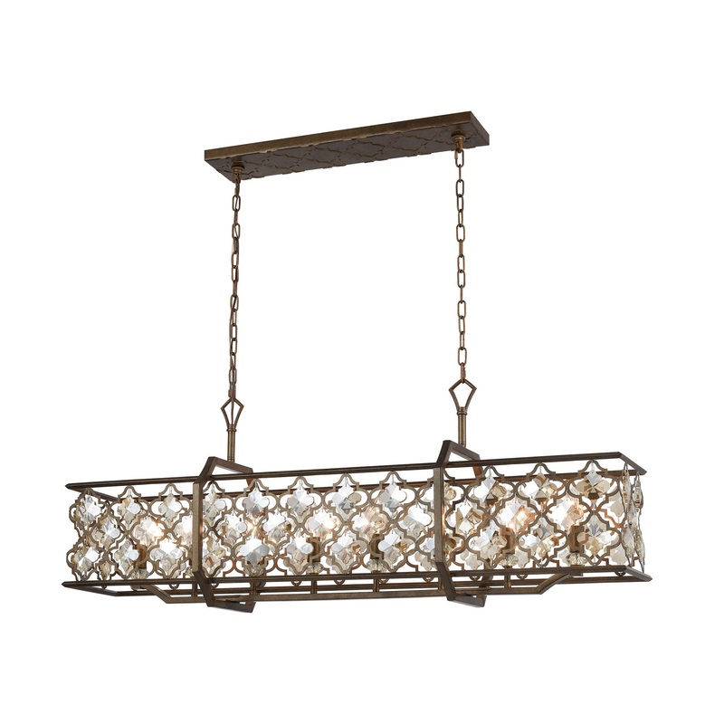 Armand 8-Light Linear Chandelier in Weathered Bronze with Amber Teak Crystals ELK Lighting