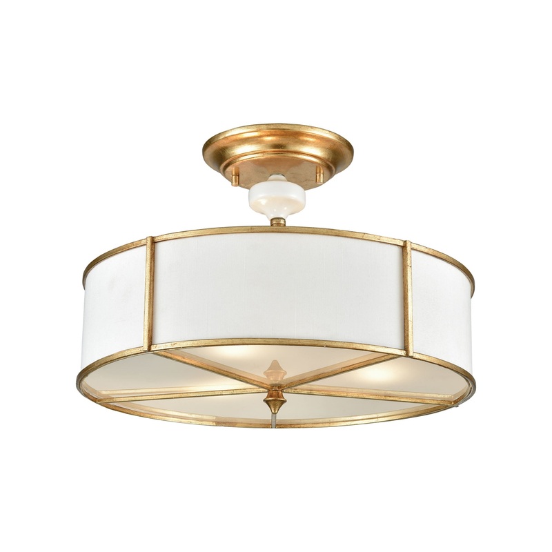 Ceramique 3-Light Semi Flush in Antique Gold Leaf with White Fabric Shade and Frosted Diffuser ELK Lighting