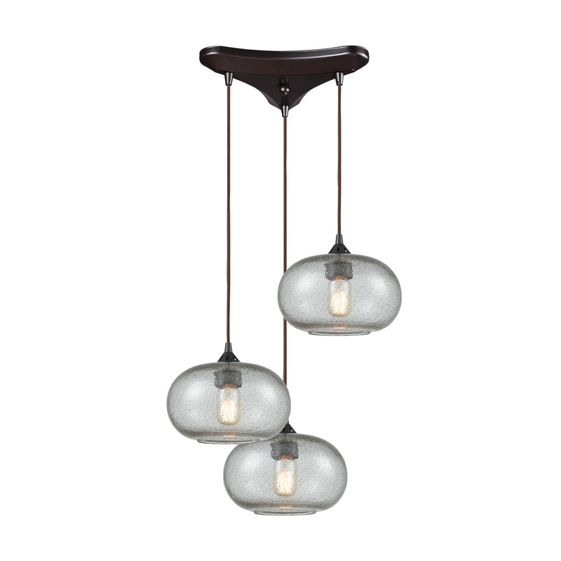 Volace 3-Light Triangular Pendant Fixture in Oiled Bronze with Rotunde Gray Speckled Blown Glass ELK Lighting