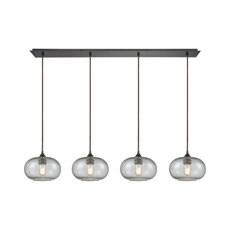 Volace 4-Light Linear Pendant Fixture in Oiled Bronze with Rotunde Gray Speckled Blown Glass ELK Lighting