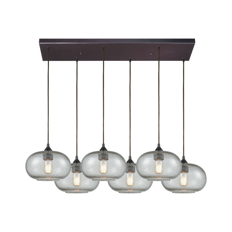 Volace 6-Light Rectangular Pendant Fixture in Oiled Bronze with Rotunde Gray Speckled Blown Glass ELK Lighting