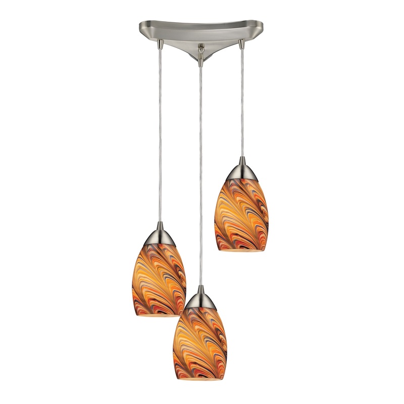 Vortex 3-Light Triangular Pendant Fixture in Satin Nickel with Multi-colored Glass ELK Lighting