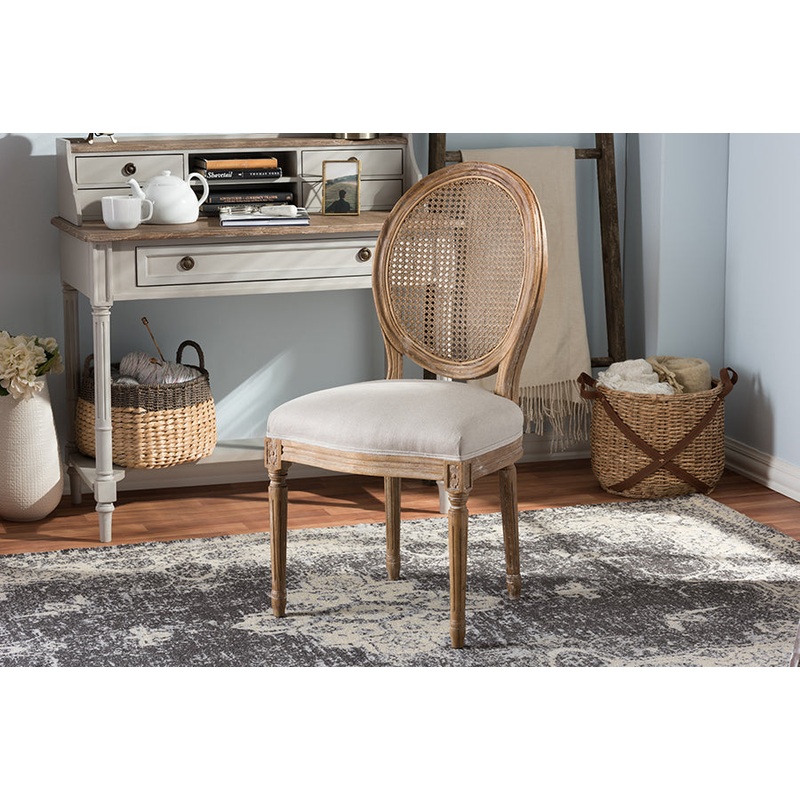 Baxton Studio Adelia French Vintage Cottage Weathered Oak Finish Wood and Beige Fabric Upholstered Dining Side Chair with Round Cane Back
