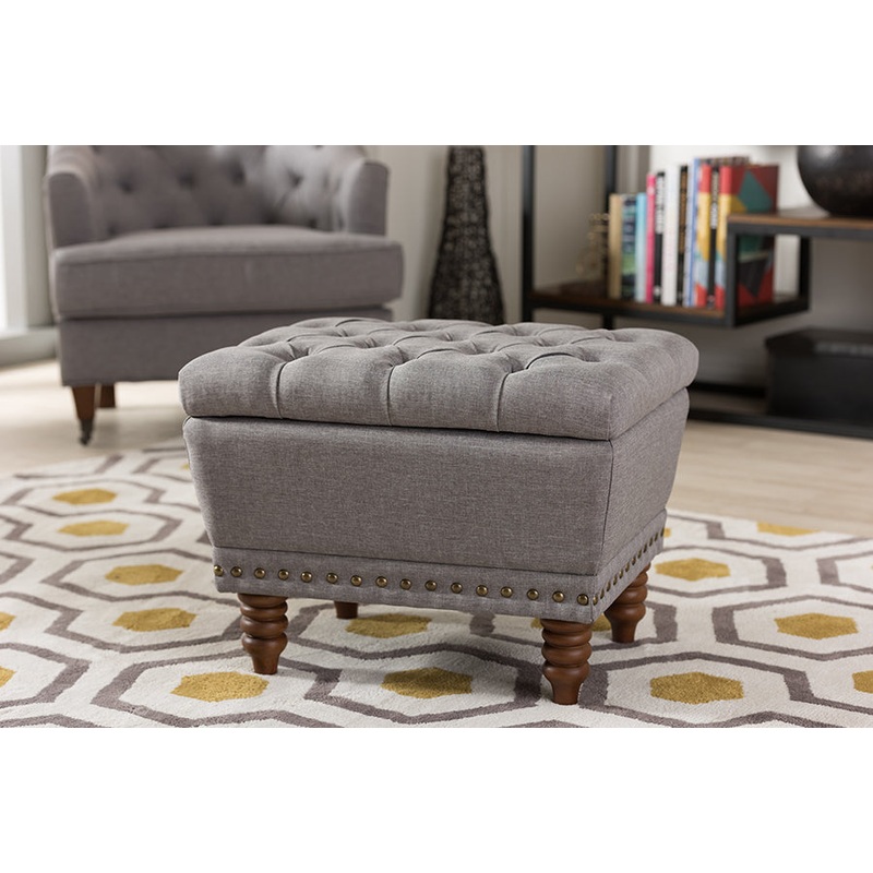 Baxton Studio Annabelle Modern and Contemporary Light Grey Fabric Upholstered Walnut Wood Finished Button-Tufted Storage Ottoman