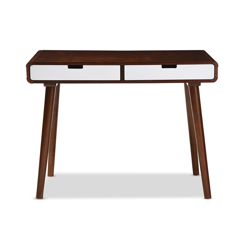 Baxton Studio Casarano Mid-century Modern Dark Walnut and White Two-tone Finish 2-drawer Wood Home Office Writing Desk