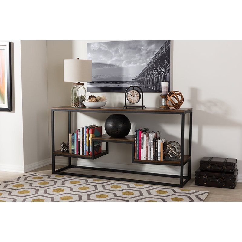 Baxton Studio Doreen Rustic Industrial Style Antique Black Textured Finished Metal Distressed Wood Console Table