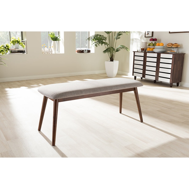 Baxton Studio Flora Mid-Century Modern Light Grey Fabric and "Oak" Medium Brown Finishing Wood Dining Bench