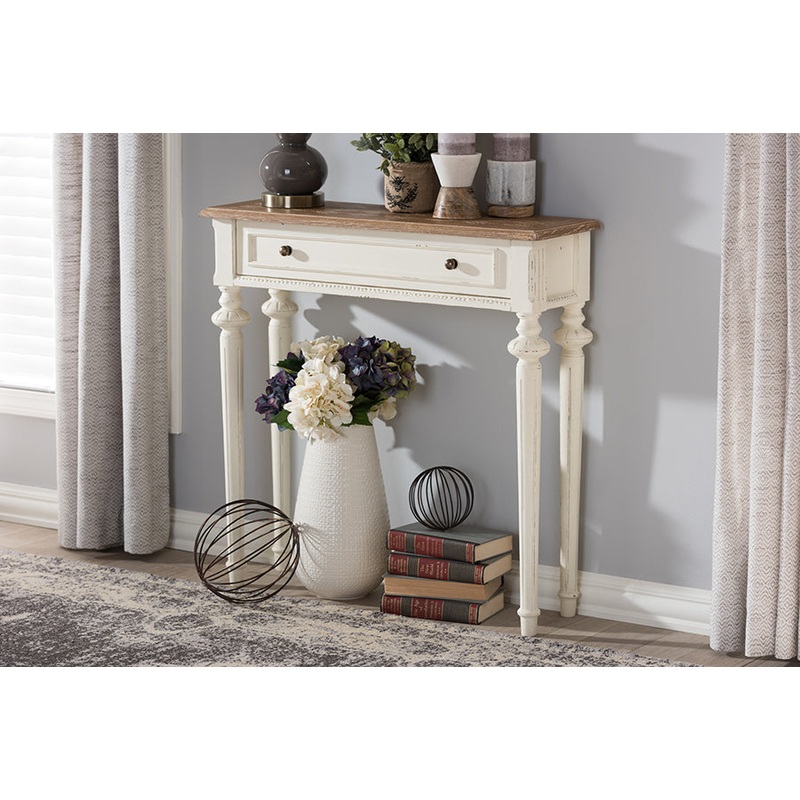 Baxton Studio Marquetterie French Provincial Style Weathered Oak and White Wash Distressed Finish Wood Two-Tone Console Table