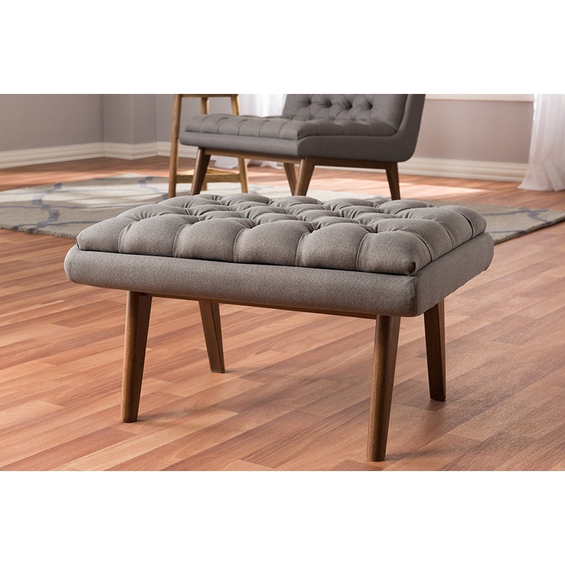 Baxton Studio Annetha Mid-Century Modern Grey Fabric Upholstered Walnut Finished Wood Ottoman