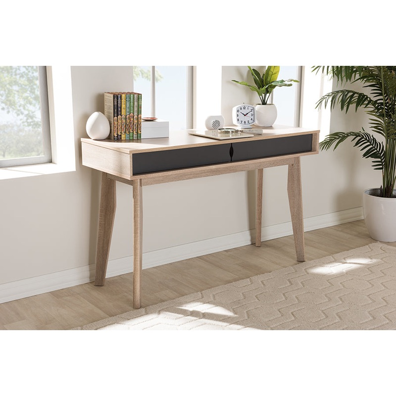 Baxton Studio Fella Mid-Century Modern 2-Drawer Oak and Grey Wood Study Desk