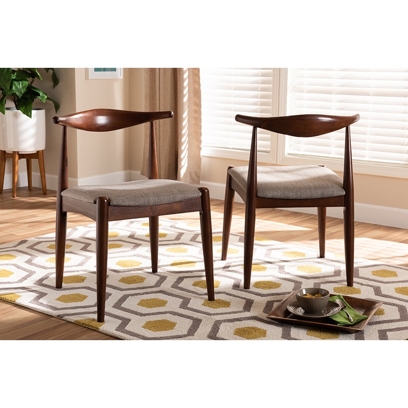 Baxton Studio Aeron Mid-Century Modern Light Gray Fabric Upholstered Walnut Finished Wood Dining Chair Set of 2