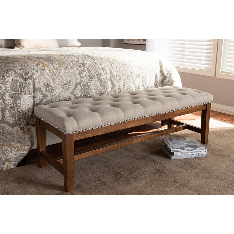 Baxton Studio Ainsley Modern and Contemporary Light Beige Fabric Upholstered Walnut Finished Solid Rubberwood Bench
