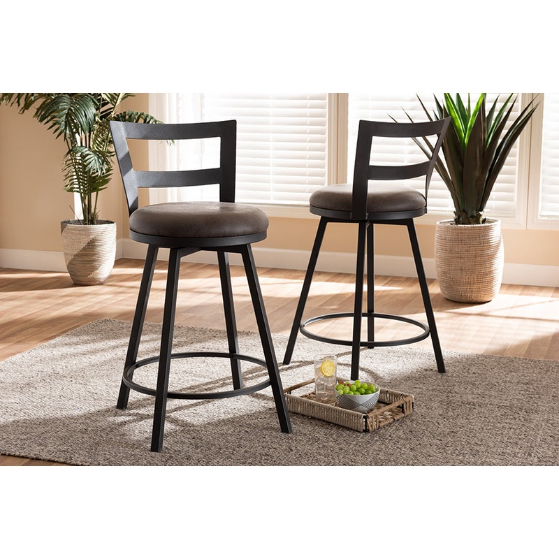 Baxton Studio Arjean Rustic and Industrial Grey Fabric Upholstered Counter Stool Set of 2