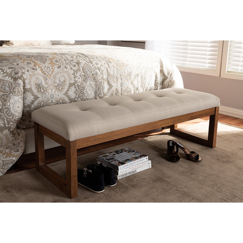 Baxton Studio Caramay Modern and Contemporary Light Beige Fabric Upholstered Walnut Brown Finished Wood Bench
