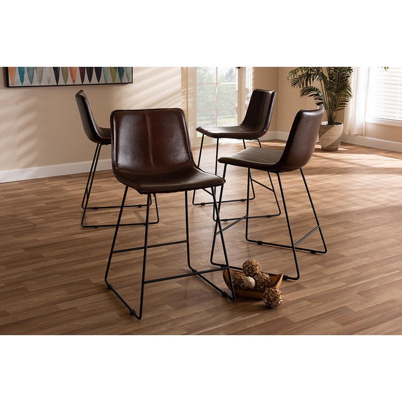 Baxton Studio Carvell Rustic and Industrial Dark Brown Faux Leather Upholstered Counter Stool Set of 4