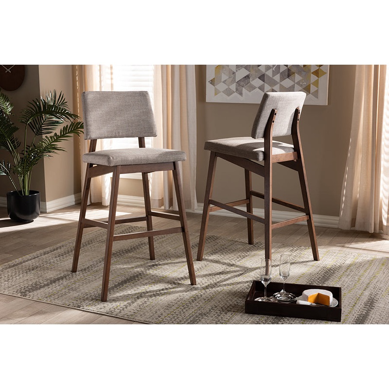 Baxton Studio Colton Mid-Century Modern Light Gray Fabric Upholstered and Walnut-Finished Wood Bar Stool Set of 2