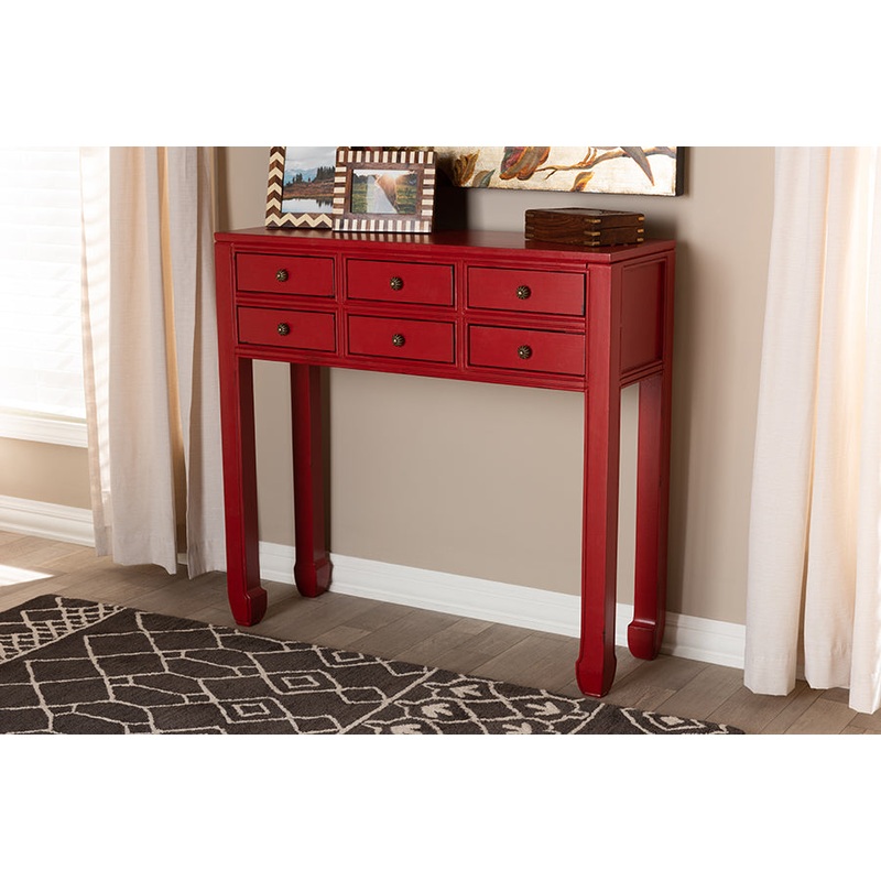 Baxton Studio Pomme Classic and Antique Red Finished Wood Bronze Finished Accents 6-Drawer Console Table