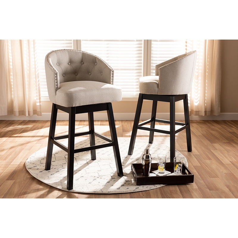 Baxton Studio Theron Transitional Light Beige Fabric Upholstered Wood Swivel Bar Stool Set of 2